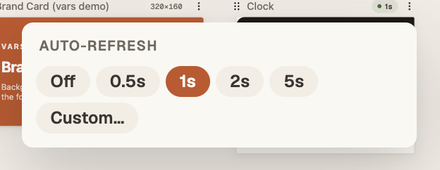 The auto-refresh rate picker, preset chips with the 1s interval selected