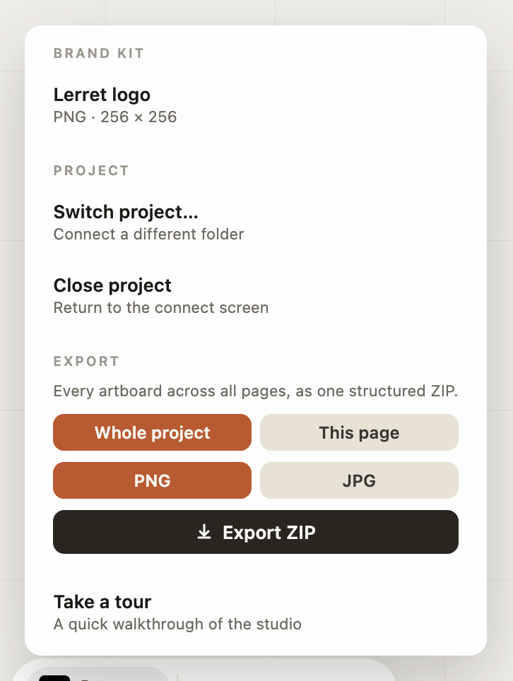 The brand menu: Download logo, Project switch/close, and the Export ZIP panel