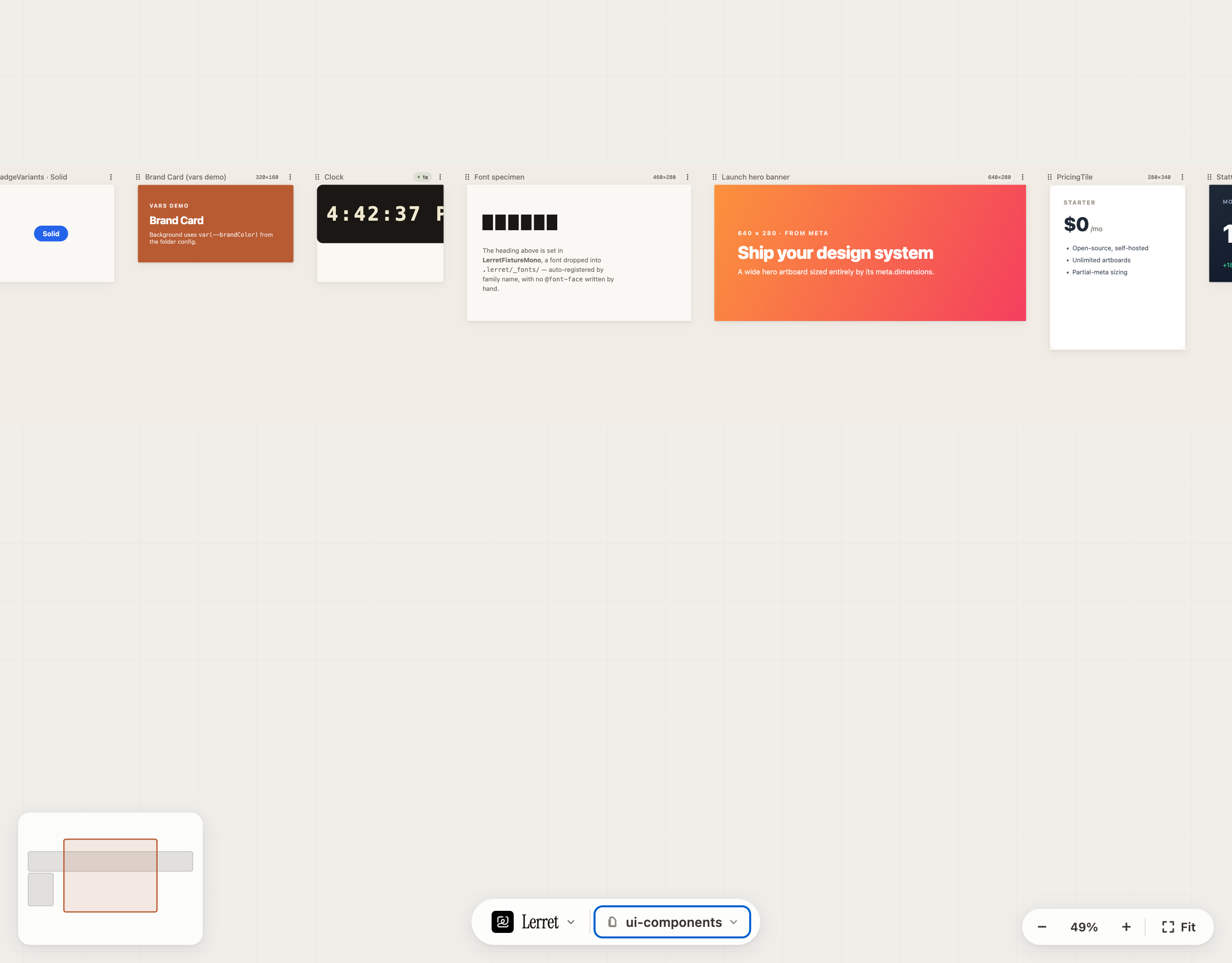 The Lerret studio canvas — a page of artboards with the dock, mini-map, and zoom controls