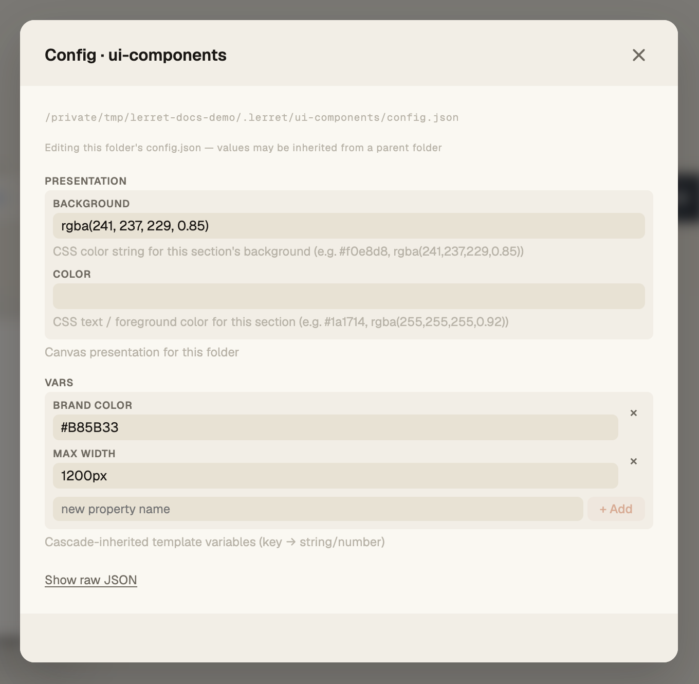 The config editor for a group's config.json