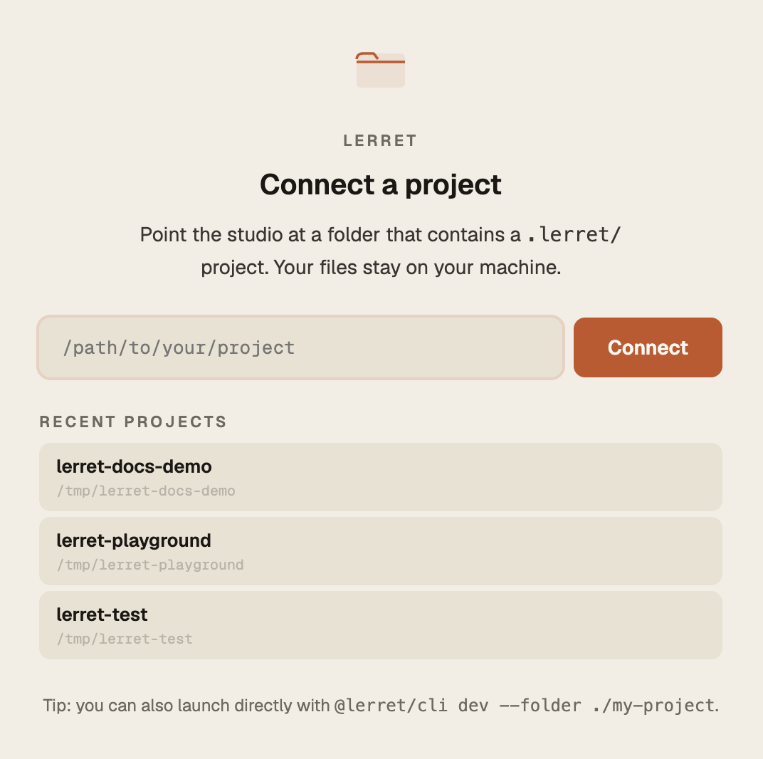 The connect-a-project screen with a folder path field and a Recent Projects list