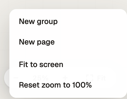 Right-click menu on the empty canvas: New group, New page, Fit to screen, Reset zoom
