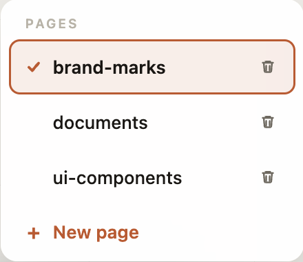 The page picker dropdown listing the project's pages plus New page