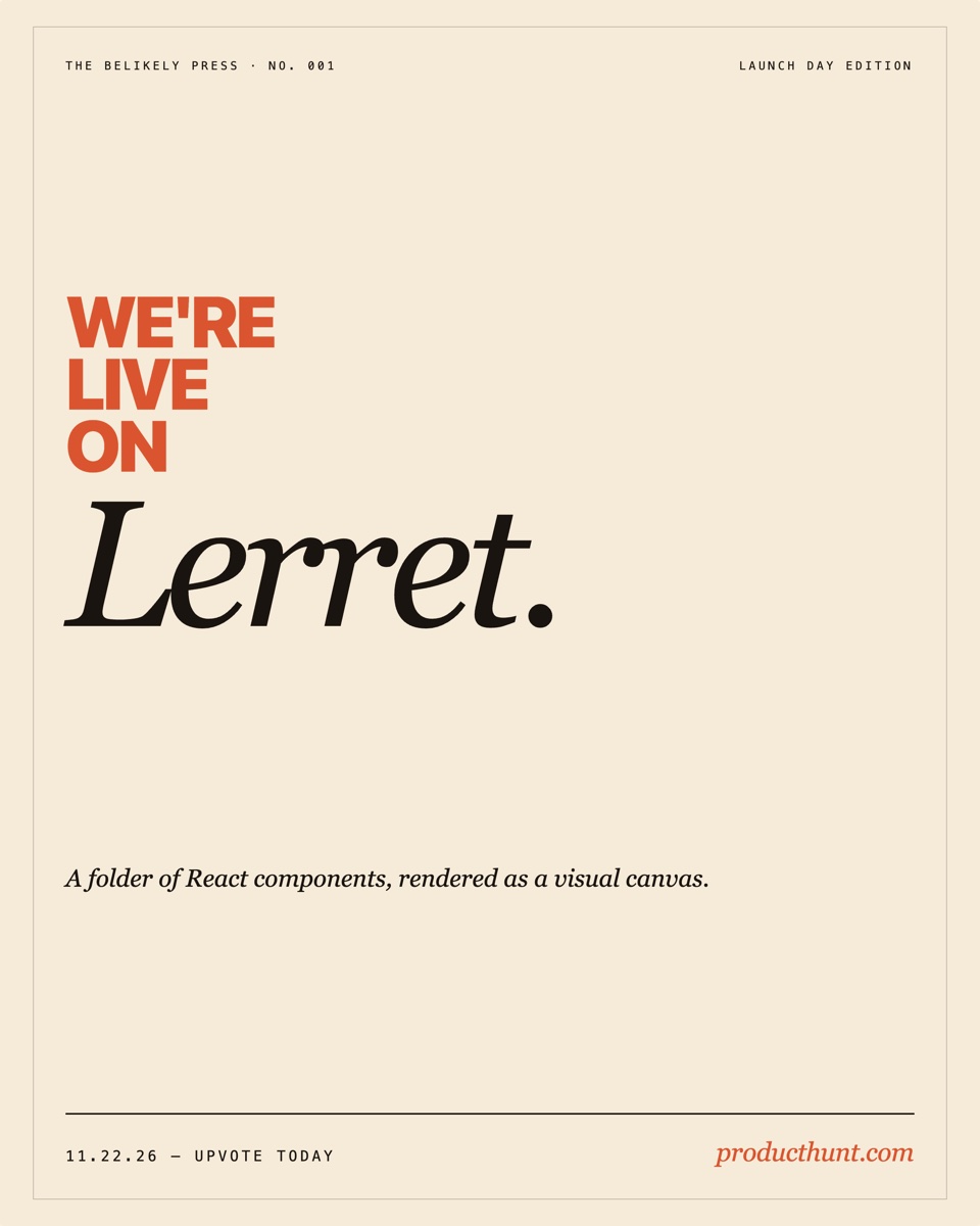 Product Hunt launch poster — cream background with hairline border, monospace masthead "The Belikely Press · NO.001 · Launch Day Edition", condensed orange "WE'RE / LIVE / ON" stacked, massive italic serif product name, italic tagline, date strip with sienna producthunt.com