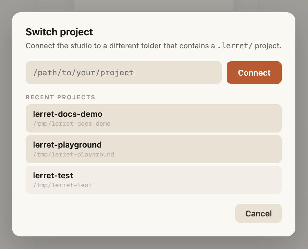 The Switch project dialog: a folder path field and recent projects